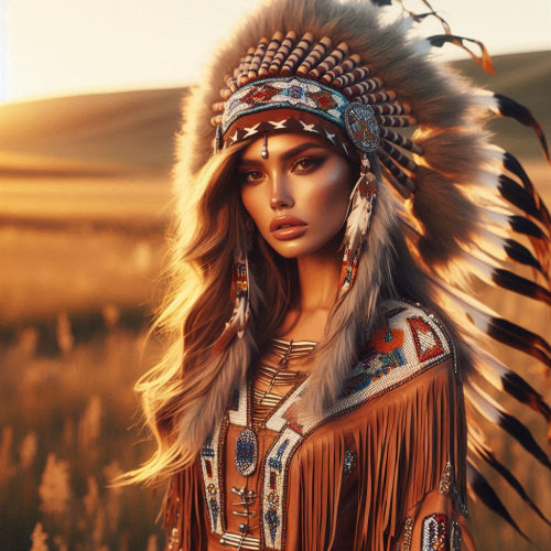 A-Native-American-model-in-beadwork-leather-dress-feathered-headdress-prairie-landscape-golden-hour-glow