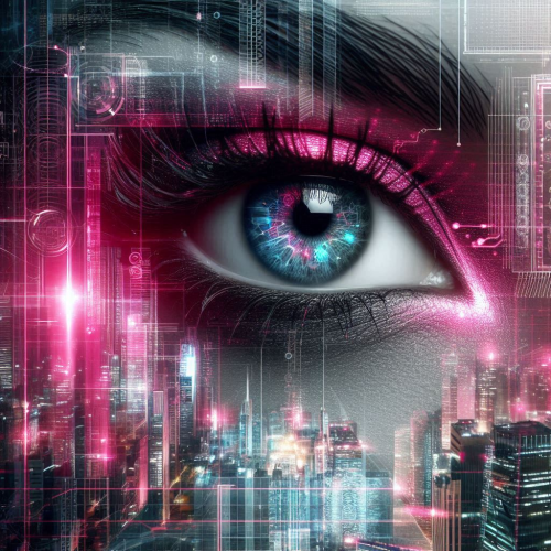 A-close-up-of-a-models-eye-superimposed-side-ways-over-a-cyberpunk-cityscape-glowing-holograms-neon-pink-highlights