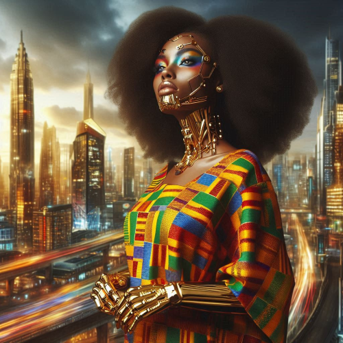 A-model-in-Kente-cloth-jumpsuit-with-gold-cybernetic-accessories-Afrofuturist-cityscape-vibrant-Afropunk-vibe