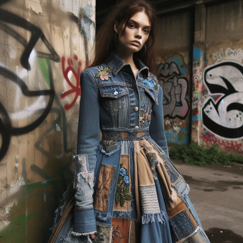 A-model-wearing-upcycled-denim-gown-with-patchwork-embroidery-eco-conscious-design-earthy-tones-urban-graffiti-wall-background