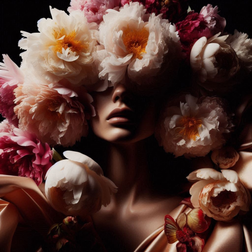 A-models-face-obscured-by-blooming-peonies-haute-couture-silk-gown-high-contrast-chiaroscuro-lighting-Salvador-Dali-inspired