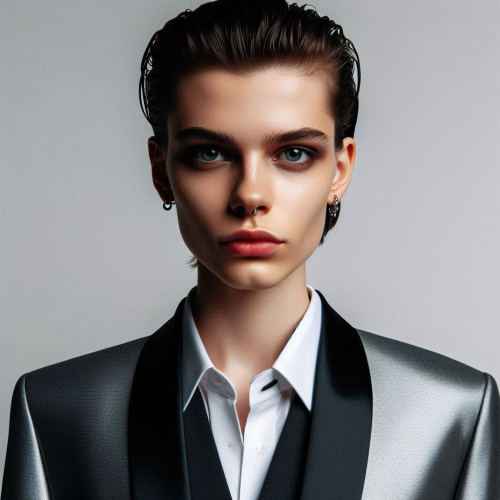 A-non-binary-female-model-in-a-tailored-tuxedo-dress-hybrid-metallic-silver-accents-slicked-back-hair-androgynous-features-minimalist-studio-backdrop