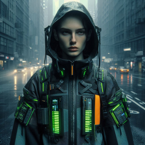 A-street-model-in-futuristic-techwear-with-detachable-LED-panels-neon-green-accents-dystopian-cityscape-rain-soaked-pavement