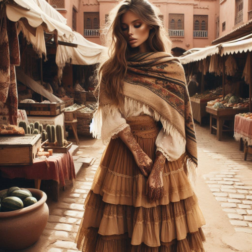 a-female-model-wearing-a-Roma-inspired-layered-skirt-with-embroidered-shawl-henna-tattoos-Moroccan-market-backdrop-warm-earthy-tones