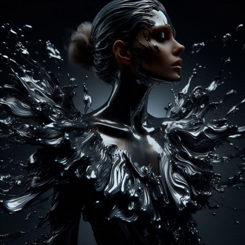 female-model-Dress-made-of-liquid-mercury-like-material-morphing-shapes-dark-studio-with-spotlight