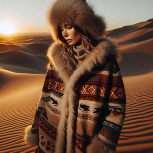 female-model-wearing-A-Mongolian-inspired-coat-with-fur-trims-handwoven-patterns-desert-dunes-at-sunset-nomadic-traveler-aesthetic